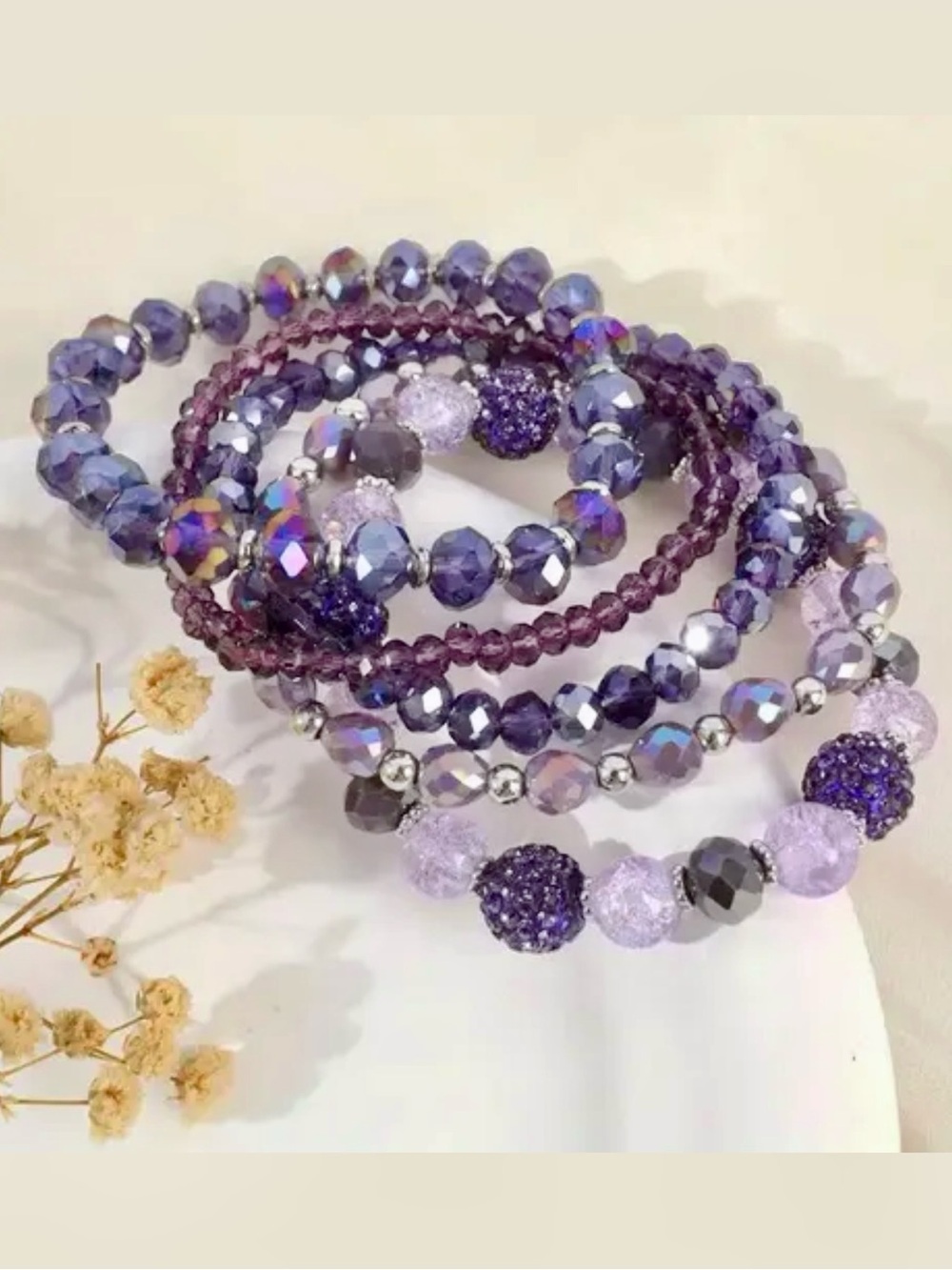 🆕New Purple Crystal Beaded Bracelets Set of 5, Stackable & Stretchy